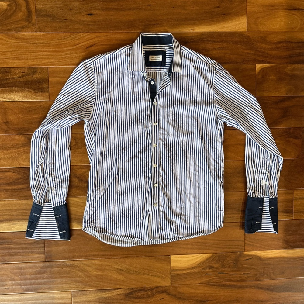 Sam Surin Custom Made White and Blue Stripe Dress Shirt size Large